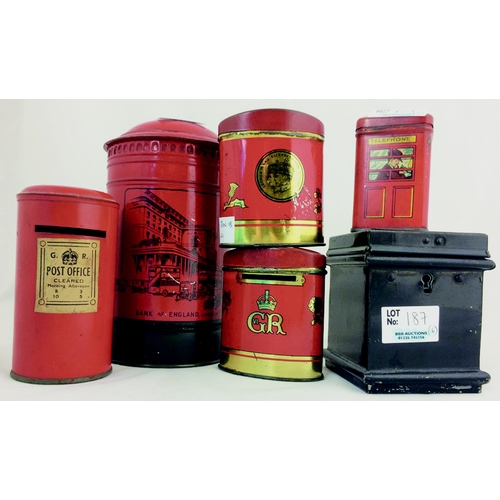 187 - POST BOX TINS. Tallest 5.5ins. Post box shaped money boxes, Coronation souvenir money box for OXO cu... 