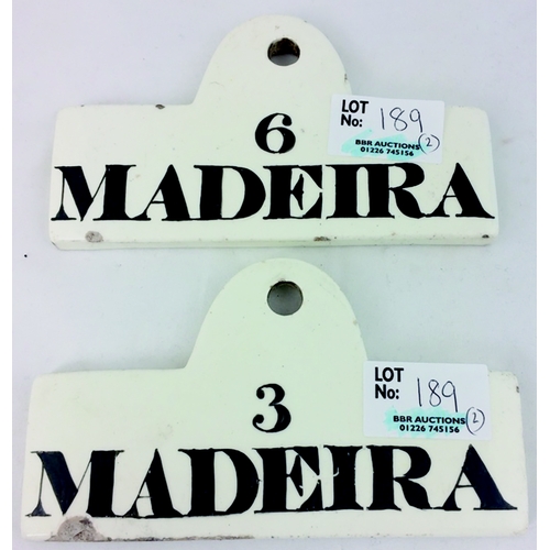 189 - MADEIRA WINE CELLAR BIN LABELS. 5 x 3ins, ceramic made, black transfer with 3 & 6 on them. Slight ni... 