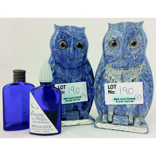 190 - PR NOVELTY OWL PERFUME HOLDERS. 4ins, blue plastic, embossed Bourjois, London- Paris, sample bottles... 