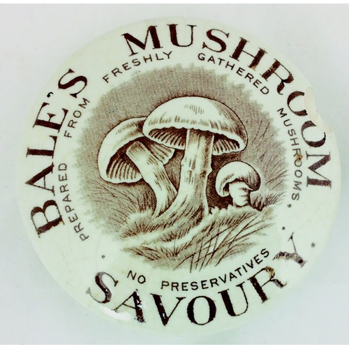 215 - BALE’S MUSHROOM/ SAVOURY POT LID. 3.5ins diam, sepia transfer with large mushrooms pict. to centre. ... 