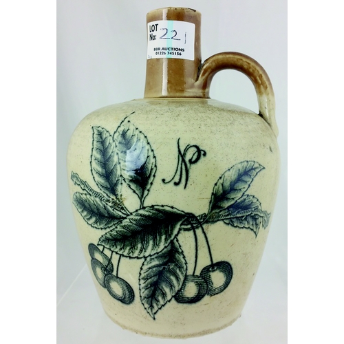 221 - TRANSFERRED STONEWARE WHISKY JUG. 7.5ins tall, t.t., small rear handle. Black pict. to front of larg... 