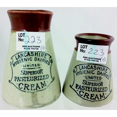 223 - LANCASHIRE/ HYGEINIC DAIRIES/….. CREAM POTS. Tallest 4ins. Both churn shaped with dark red-brown top... 