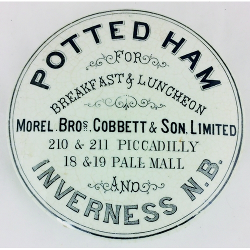 227 - INVERNESS NB/ POTTED HAM POT LID. 4ins diam. 8 black lines of varied print. Tiny bottom edge flake o... 