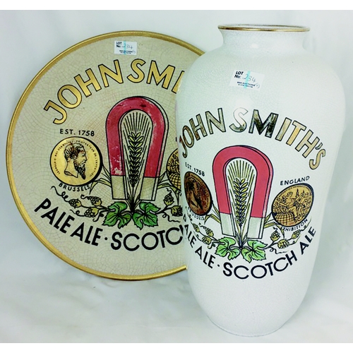 234 - JOHN SMITHS PALE ALE SCOTCH ALE BACK BAR POTTERY DUO. Vase 15ins tall. Impressive plate & variform w... 