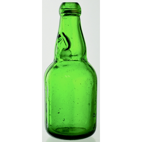 557 - GLASHUTTENWERK DUMPY CODD BOTTLE. 7.75ins tall. Bright green glass early narrow neck, embossed GLASH... 