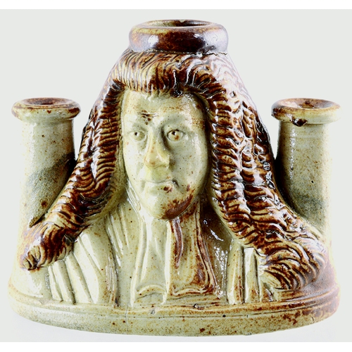 566 - LORD BROUGHAM SALT GLAZE INKWELL. 3ins tall. Variating brown salt glaze inkwell - double sided Lord ... 