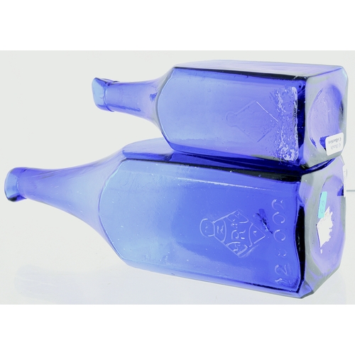 577 - PAIR OF BIRDS BEAK INK DECANTERS. Tallest 9ins. Cobalt blue glass, rectangular shape, sloping should... 