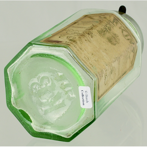 599 - EARLY PATENT CROSSE & BLACKWELL LABELLED JAR. 6.75ins tall. Facetted aqua glass, metal lid closure, ... 