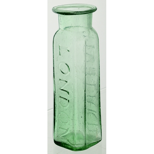 600 - EARLY PONTILLED MUSTARD BOTTLE. 5.5ins tall. Aqua glass, wide neck, flared lip, rectangular shape, b... 