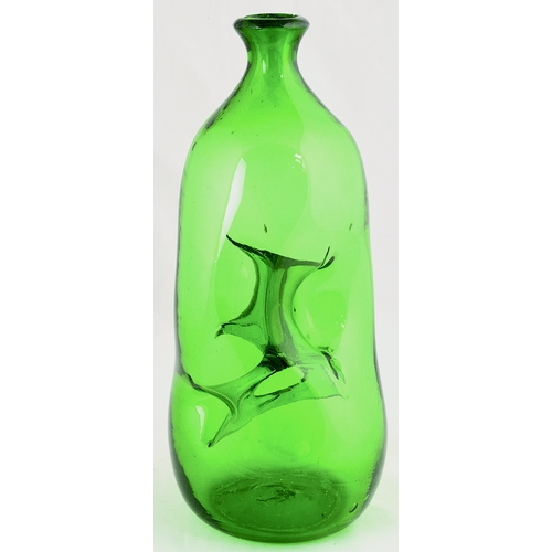 713 - PINCH WAISTED GIN BOTTLE. 12ins tall. Bright green, short neck flared lip, waisted gin. Sharp base p... 