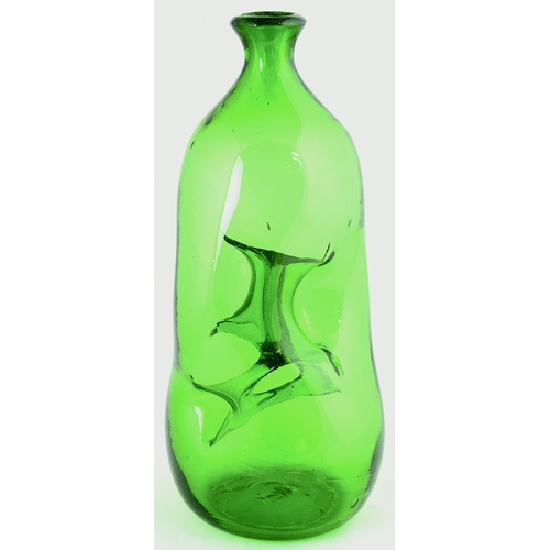 713 - PINCH WAISTED GIN BOTTLE. 12ins tall. Bright green, short neck flared lip, waisted gin. Sharp base p... 