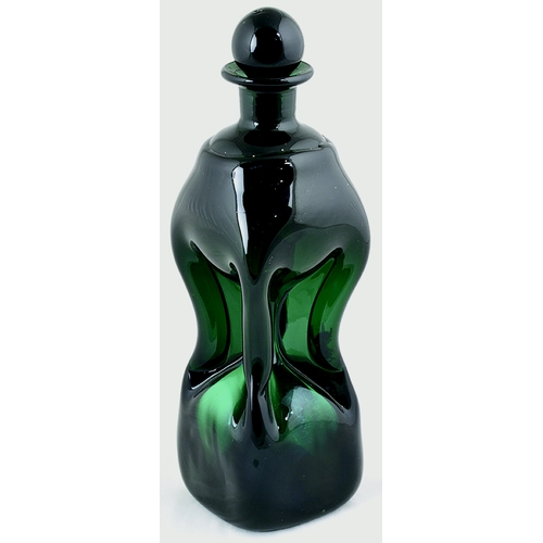 714 - PINCH WAISTED GIN BOTTLE. 10ins tall to stopper top. Very dark, almost black in places, turquoise gl... 