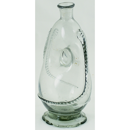 716 - PINCH MIDDLE FLASK. 7.75ins tall. Clear glass, rigaree decoration, sharpe base pontil, flared lip, s... 