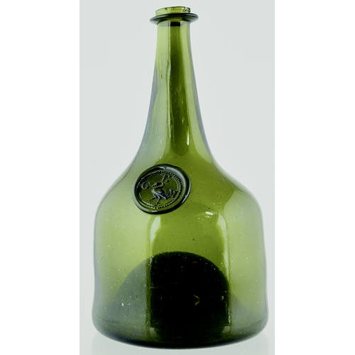 726 - SEALED WINE BOTTLE. 9ins tall. Dark green glass, extremely elegant long tapering neck mallet form wi... 