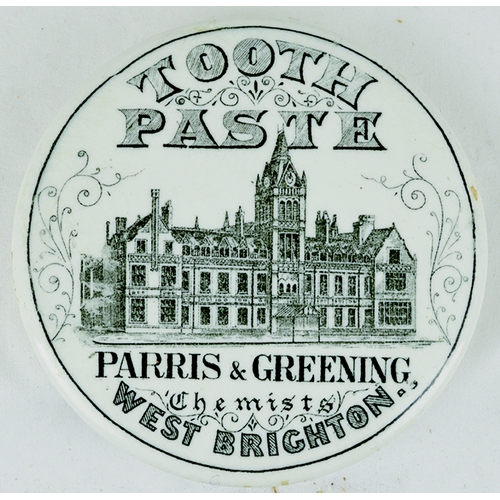 727 - WEST BRIGHTON TOOTH PASTE POT LID. 3ins diam pictorial lid TOOTH/ PASTE/ PARRIS & GREENING/ CHEMIST/... 