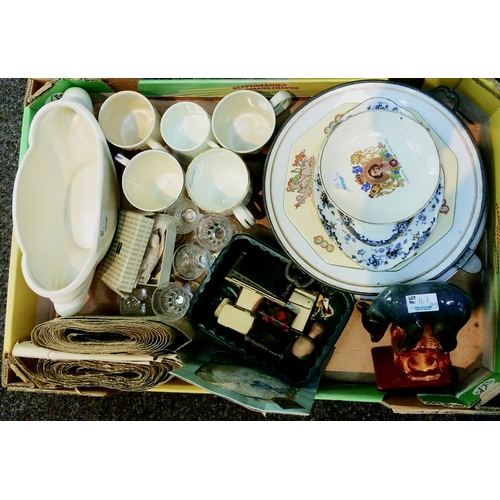 167 - MISC TRAY. Coronation/ Jubilee plates, cups, bear ornament, sherry glasses, tins, vases. (20+)