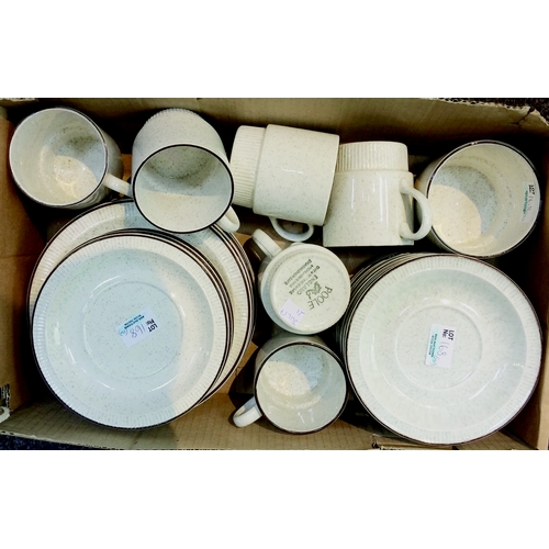 168 - POOLE POTTERY TEA SET. Off white, speckled pattern with brown rim, cups, saucers & plates. (25+)