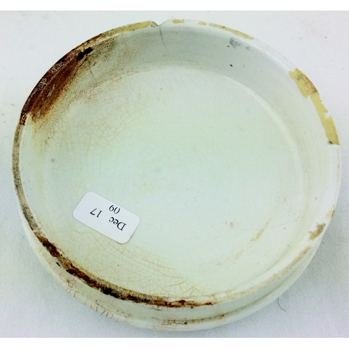 414 - CREMES DAMANDES AMERES POT LID. 3.4ins diam. Slightly domed lid with 5 lines of lettering & centre e... 