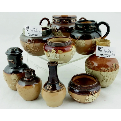 420 - SPRIGGED SALT GLAZE GROUP. Tallest 3.2ins high. Jugs, pepper pot, handled dish, perfume type etc, al... 