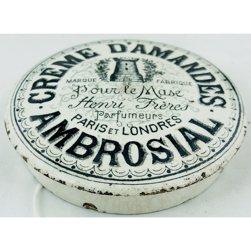 413 - CREMES DAMANDES AMBROSIAL POT LID. 3.5ins diam. Lage outer lettering with turreted tower near top & ... 