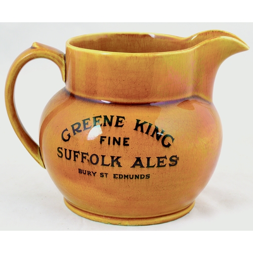 49 - GREENE KING ALE JUG. 5ins tall. Variating tan glaze, rear handle. GREENE KING/ FINE/ SUFFOLK ALES/ B... 