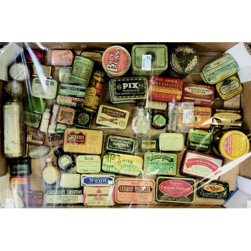 242 - MINIATURE MEDICAL TINS GROUP. Large grouping, multi-coloured, some with contents, Lozenges, Laxative... 