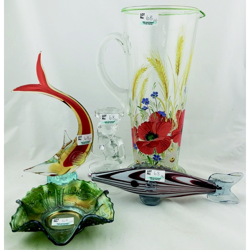 68 - MIXED GLASS GRP. Tallest 12ins hand blown painted 1920’s jug, lady figure, carnival tray plus 2 mura... 