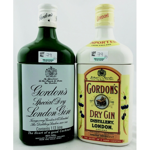 79 - GORDONS GIN BOTTLES. 10ins, multicoloured, detailed labels, top hslf lifts up - ice cube holders
?. ... 