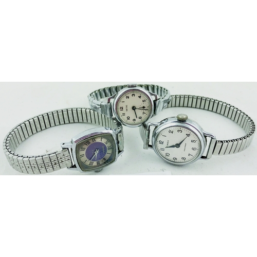 82 - LADIES WATCHES. Silver, expanding braclets. (3)