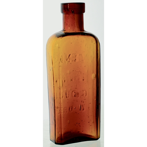 12 - VENO’S LIGHTNING COUGH CURE. 5ins tall, amber glass, rectangular shape, round shoulders, square lip ... 