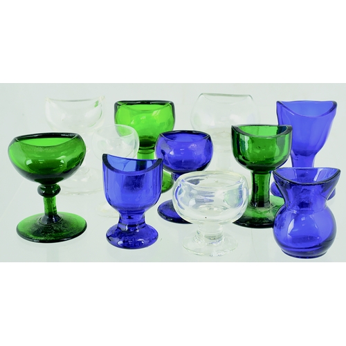 21 - EYE BATH GROUPING. Tallest 2.5 ins: clear, green & blue glass. A really good mixed range, some freeb... 