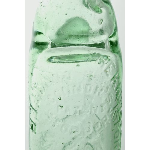 25 - KNUTSFORD CODD BOTTLE. 8.8ins tall, aqua glass embossed JOSEPH GIDMAN/ CANUTES/ FORD/ KNUTSFORD. Fro... 