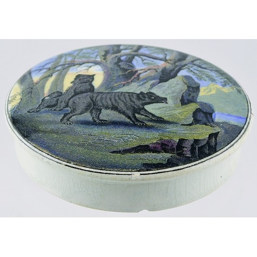 28 - BEARS ON ROCK POT LID. (KM 10) 3.5ins diam, crisp multicoloured image. Small nibble to edge side @ 6... 