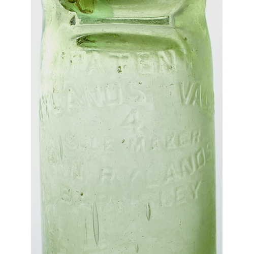 36 - BARNSLEY ROSEVEARE VALVE PATENT CODD BOTTLE. 9ins tall. Aqua glass front ethed W & G. ROSEVEARE/ BAR... 