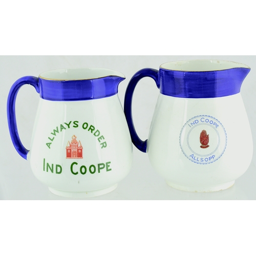 44 - IND COOPE PUB JUG DUO. 4.5ins tall, both blue top & handle, INE COOPE/ ALLSOPP with red hand trade m... 