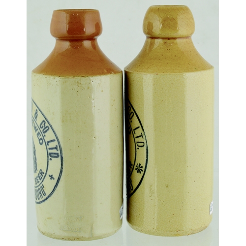 46 - WELLINGBORO GINGER BEER BOTTLE DUO. 7ins tall, t.t., st., tan top, black transfer CAMPBELL PRAED & C... 