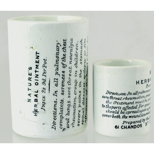 57 - LONDON OINTMENT POTS DUO. Tallest 2.6ins, off white with black transfers for NATURE’S HERBAL OINTMEN... 