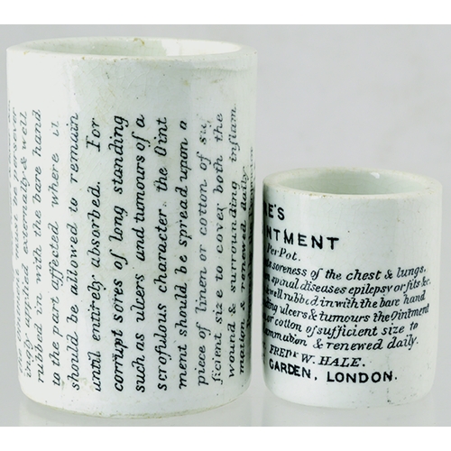 57 - LONDON OINTMENT POTS DUO. Tallest 2.6ins, off white with black transfers for NATURE’S HERBAL OINTMEN... 