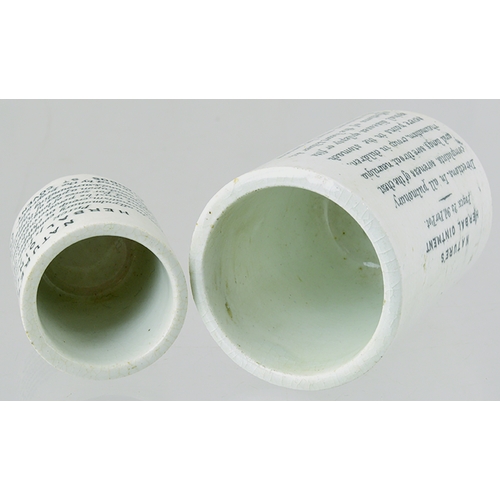 57 - LONDON OINTMENT POTS DUO. Tallest 2.6ins, off white with black transfers for NATURE’S HERBAL OINTMEN... 