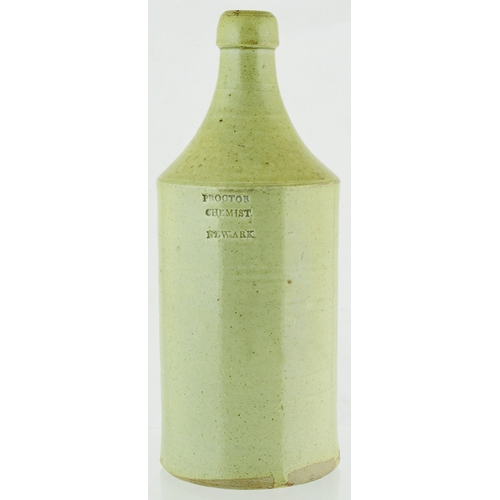 39 - NEWARK PORTER BOTTLE. 11ins tall, grey/ green slip glaze, c1840. Front impressed PROCTOR/ CHEMIST/ N... 