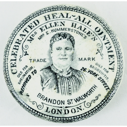 40 - WALWORTH MRS ELLEN HALES POT LID. 3ins diam. Black pictorial of the very pretty Mrs Ellen Hales, 12 ... 