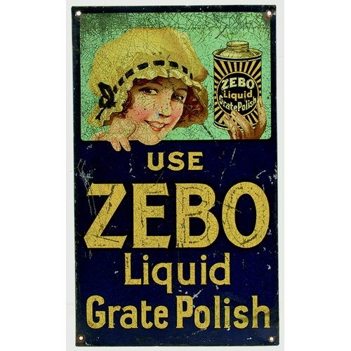 41 - ZEBO GRATE POLISH TIN SIGN. 10 x 6ins. Pictorial tin sign USE/ ZEBO/ LIQUID/ GRATE POLISH, yellow le... 