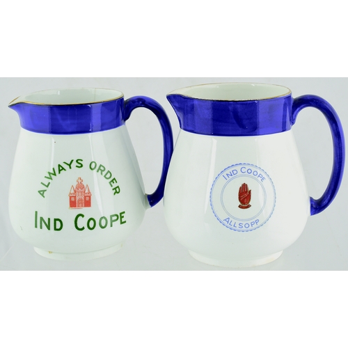 44 - IND COOPE PUB JUG DUO. 4.5ins tall, both blue top & handle, INE COOPE/ ALLSOPP with red hand trade m... 