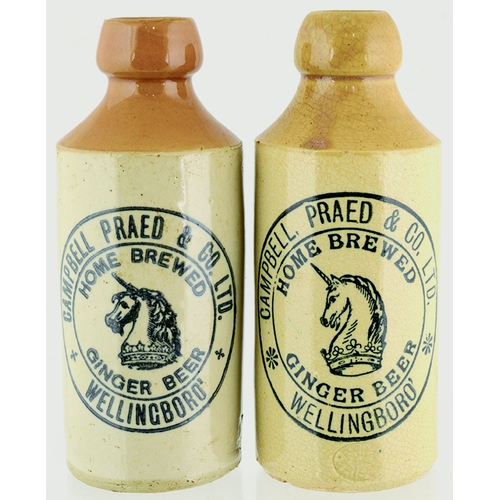 46 - WELLINGBORO GINGER BEER BOTTLE DUO. 7ins tall, t.t., st., tan top, black transfer CAMPBELL PRAED & C... 