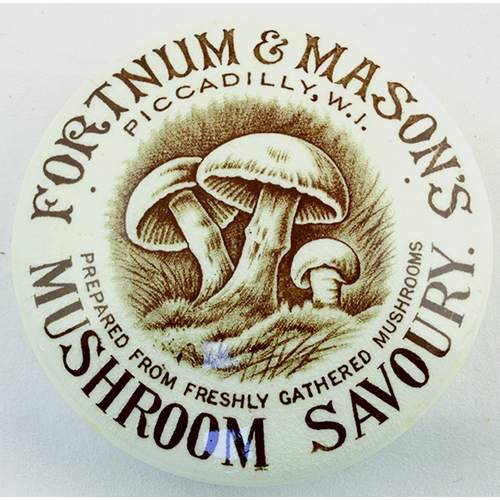 48 - PICCADILLY MUSHROOM SAVOURY POT LID. 3.25ins diam, strong & crisp brown transfer. Central pictorial ... 