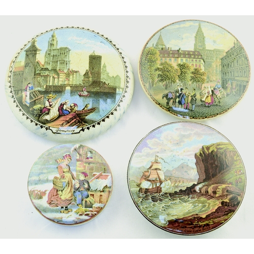 50 - PRATT WARE LID GROUP. Largest 4.5ins, multicoloured pictorial images of European & Foreign Scenes in... 