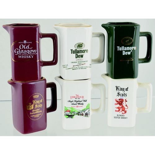 51 - WHISKY MINIATURE WATER JUG GROUP. 3ins, 2 for King of Scots, 2 for Tullamore Dew, Old Glasgow plus E... 