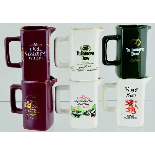 51 - WHISKY MINIATURE WATER JUG GROUP. 3ins, 2 for King of Scots, 2 for Tullamore Dew, Old Glasgow plus E... 