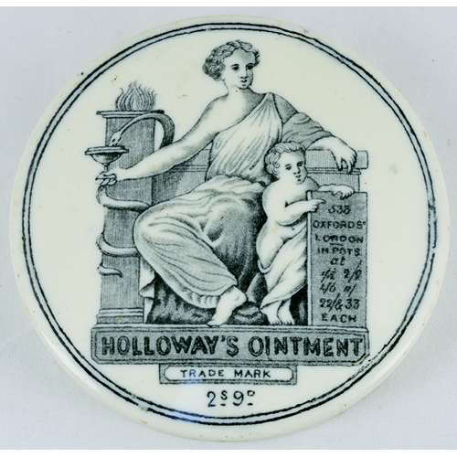 52 - HOLLOWAYS OINTMENT POT LID. 3.1ins, black transfer with large central pictorial of classically robed... 