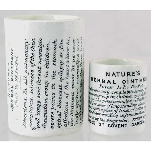 57 - LONDON OINTMENT POTS DUO. Tallest 2.6ins, off white with black transfers for NATURE’S HERBAL OINTMEN... 